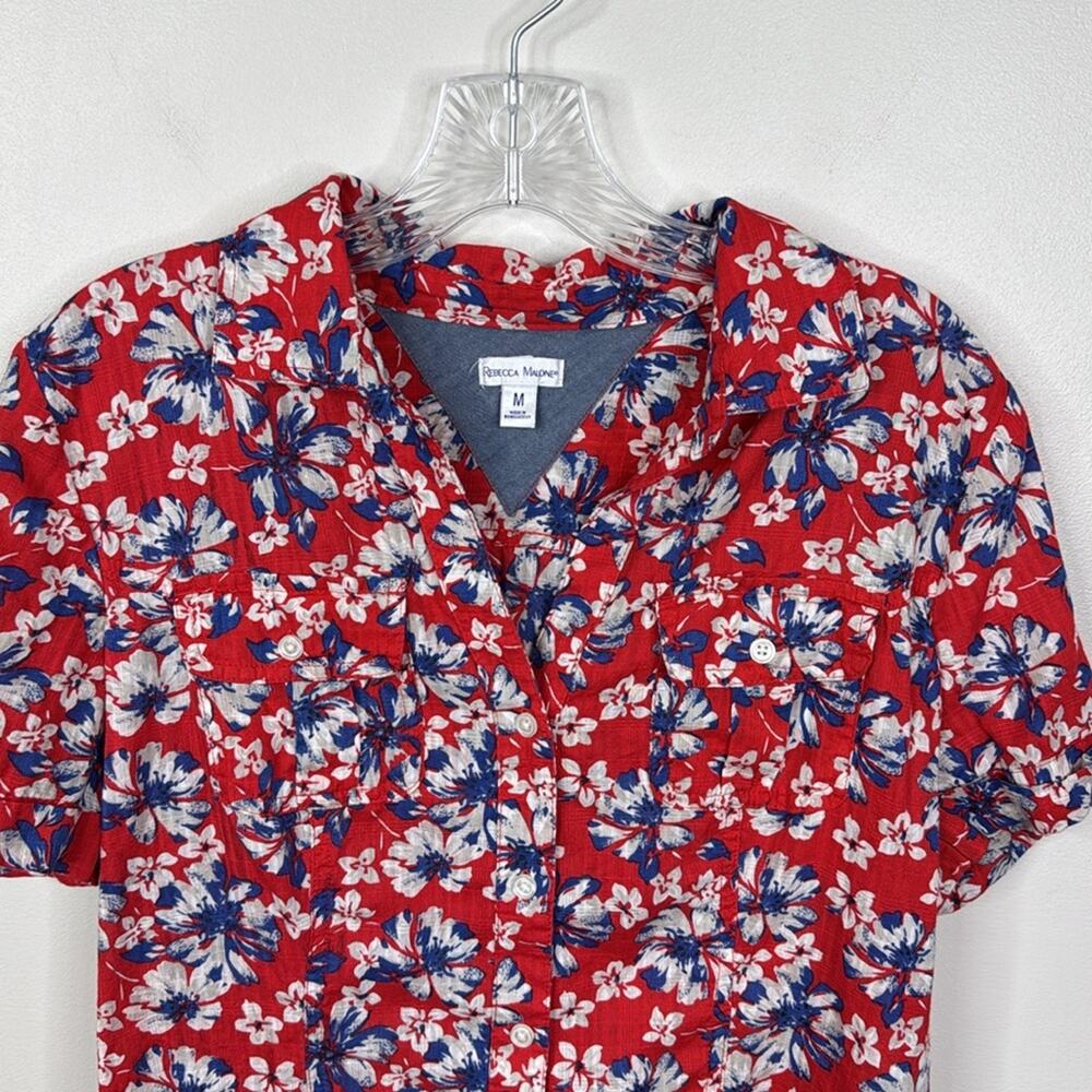 Rebecca Malone Medium M Red Blue Floral Button Down Shirt 100% Cotton Blouse - Picture 2 of 7